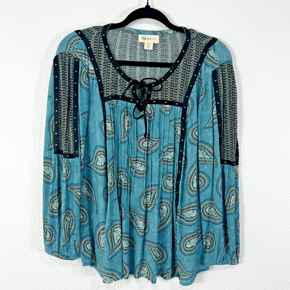 Style & Co Blouse Womens Petite PP Rayon Blue Paisley Tie Keyhole Boho Top